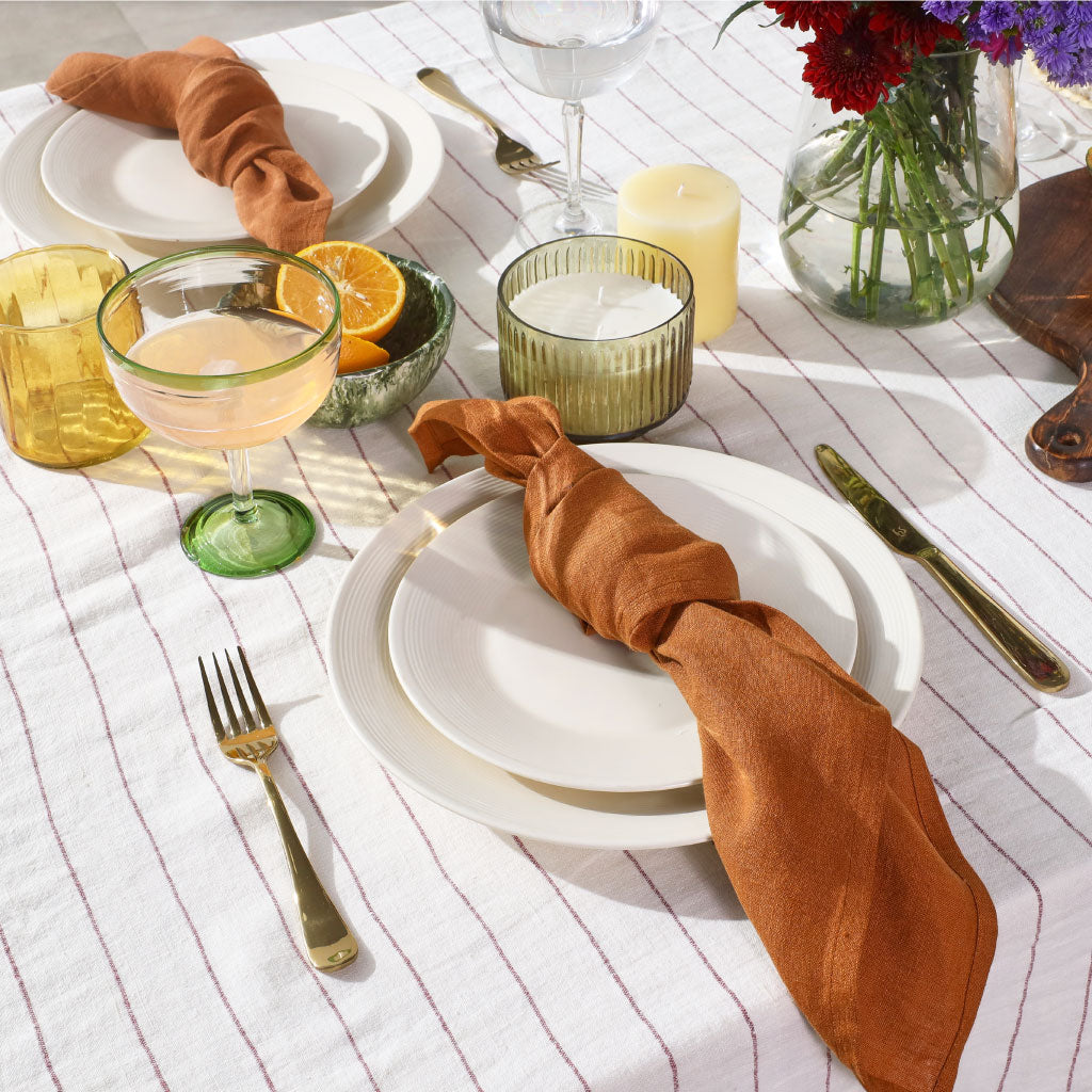 Elevate dining with table linens Australia. Pure linen tablecloths in two sizes, plus mix-and-match napkins. For table linens Australia, contact us if size is unavailable
